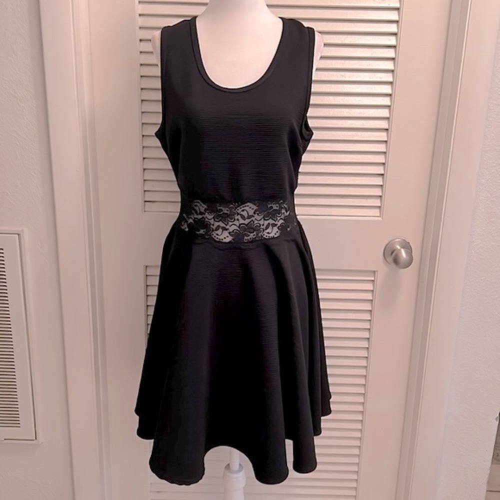 Cloudless Black Ribbed Dress with Sheer Lace Waist Panel A-Line size L